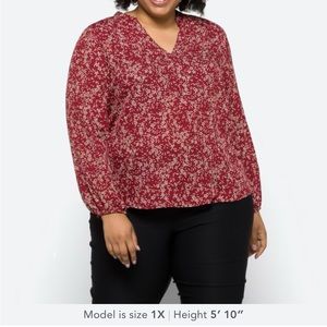 Burgundy long sleeved blouse 2with white flowers. Light weight